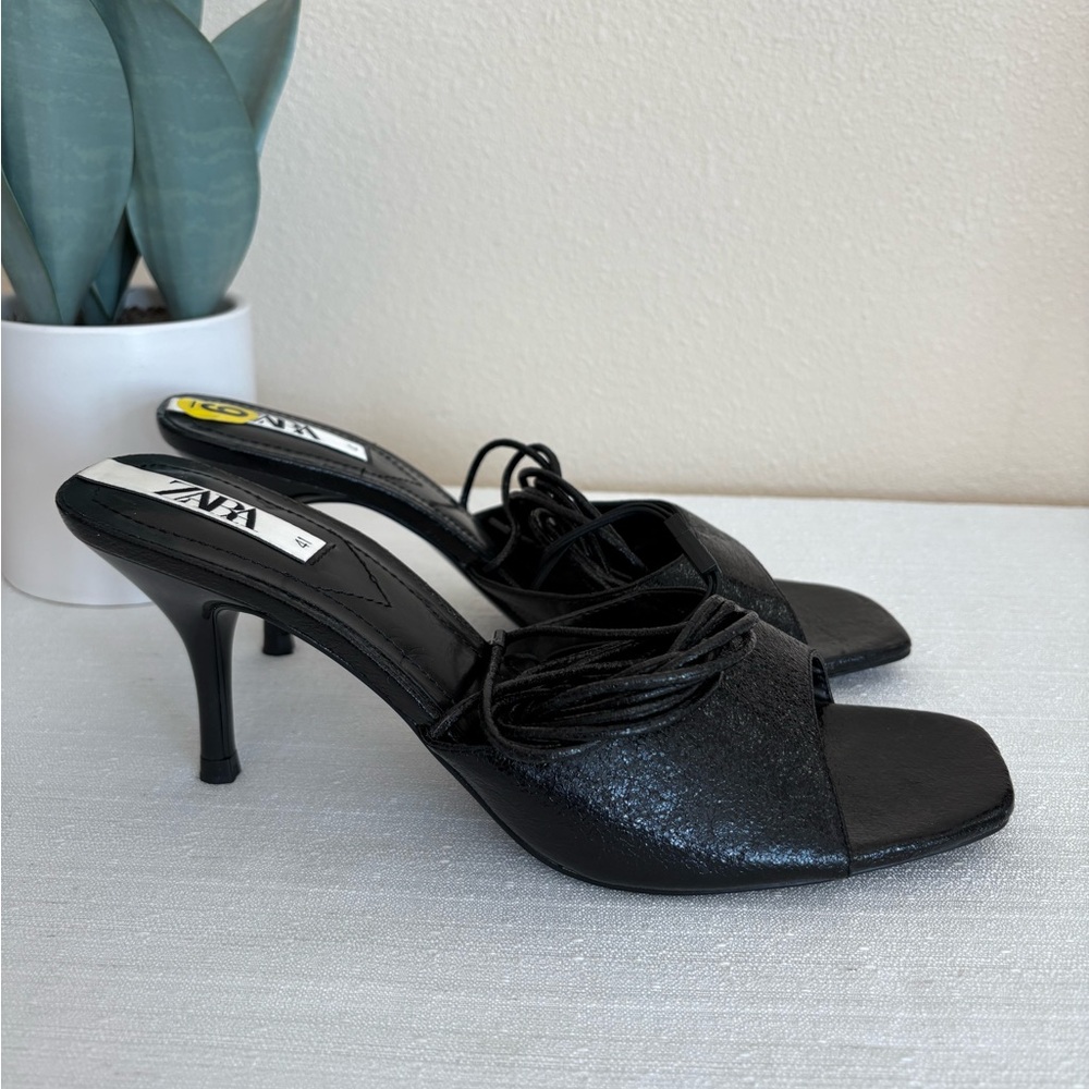 Zara Black Patent Leather Tie Around Heeled Sandals Women’s EU41 US9